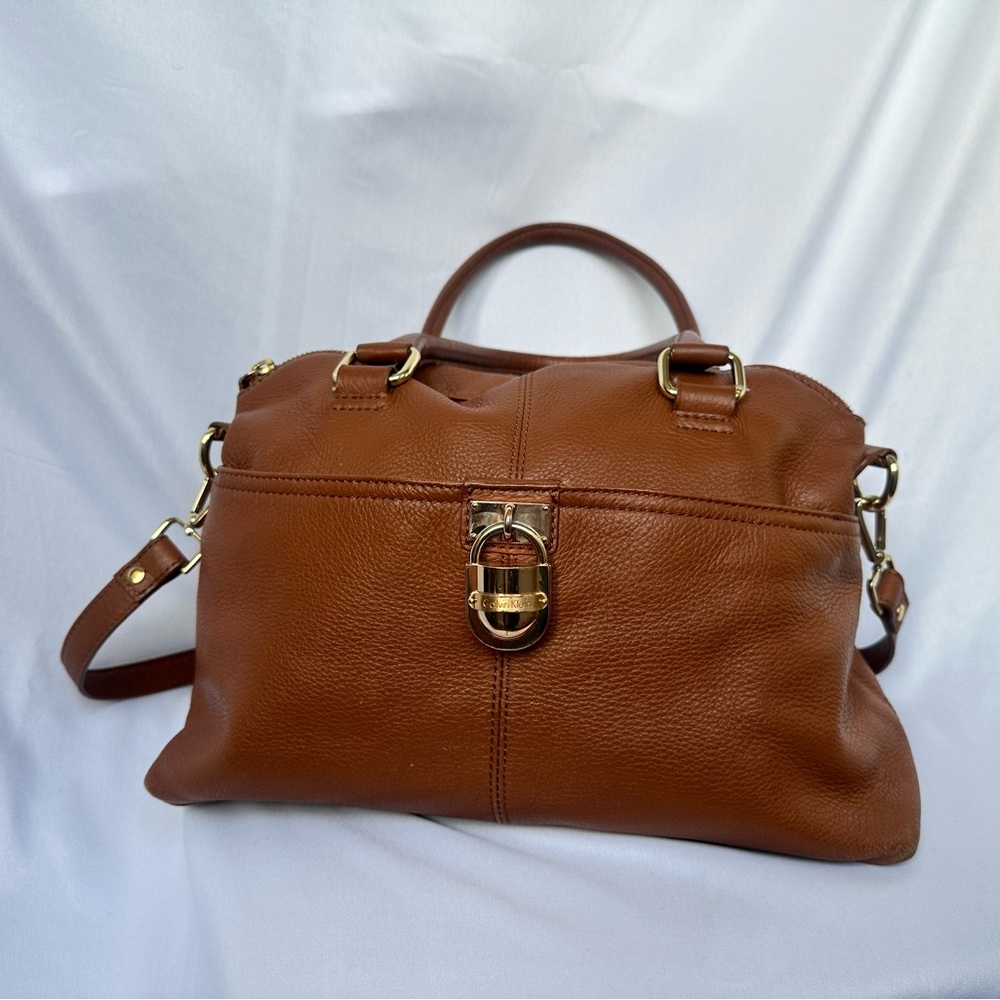 Calvin Klein Brown Leather Satchel with Gold Hardware
